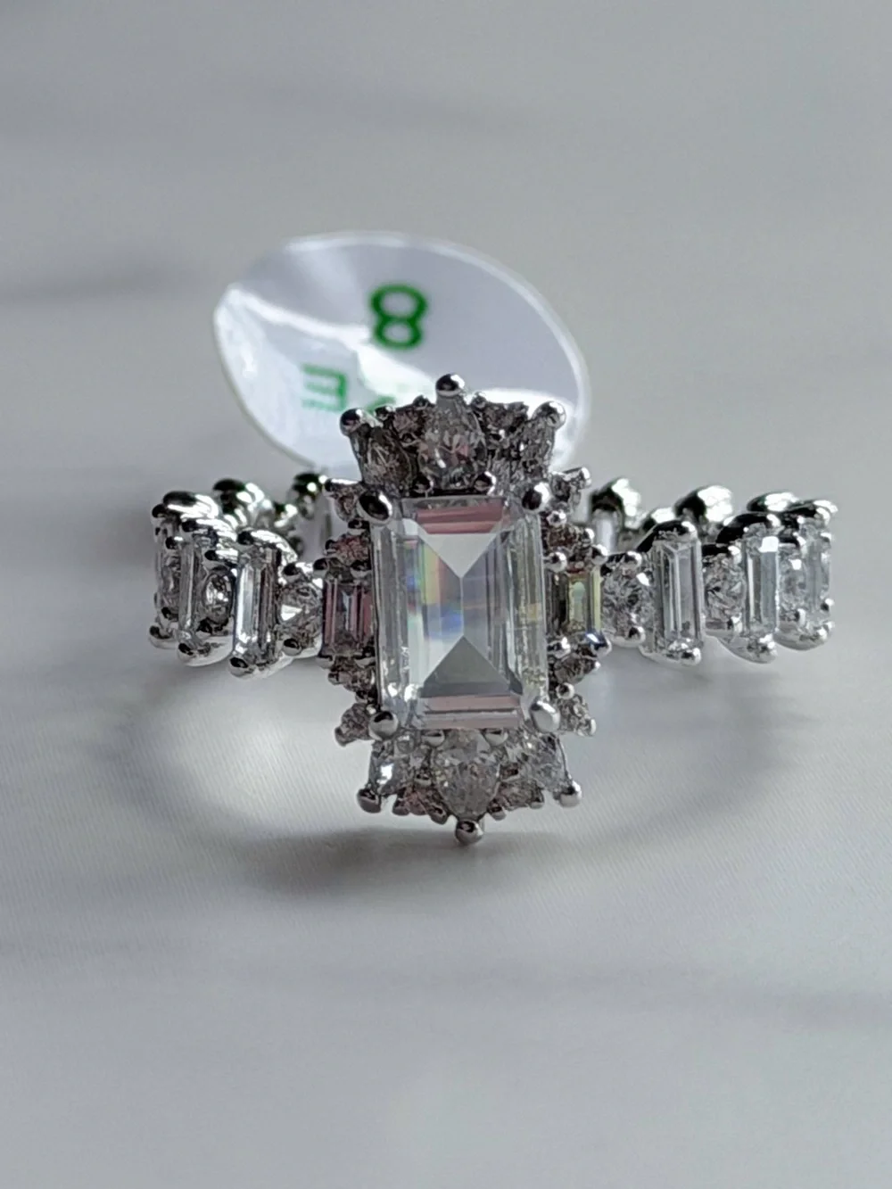 Bomb Party Emerald Cut CZ Halo Statement Eternity Ring Size 8